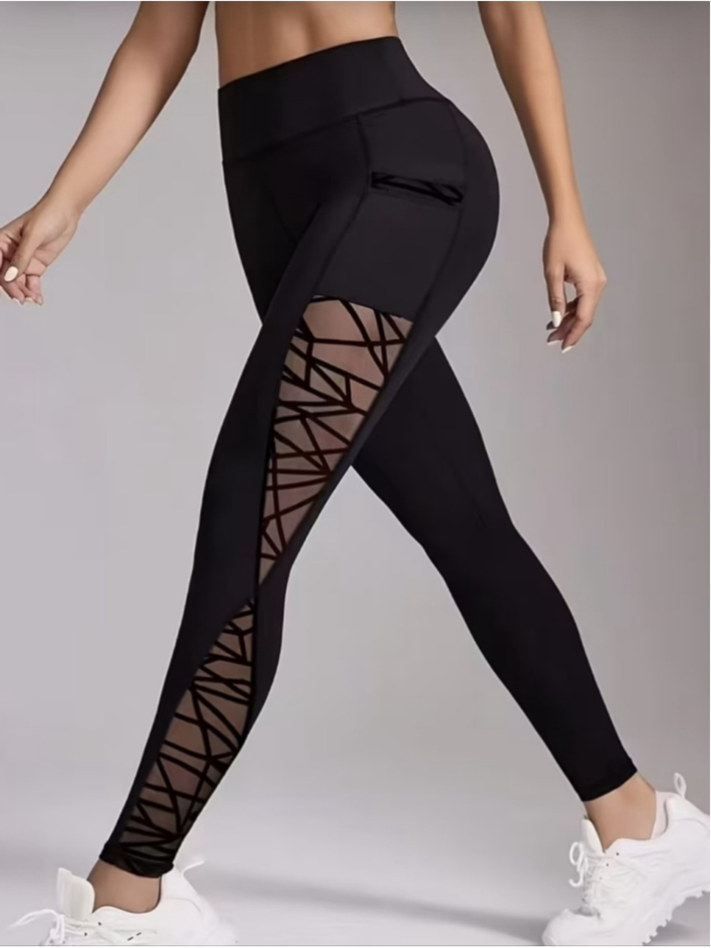 High-Waist Black Mesh Panel Leggings with Side Pocket - Picture 4 of 11
